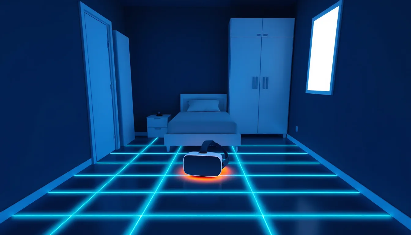 A small bedroom with a bed and wardrobe, with a VR headset standing on the floor in the middle