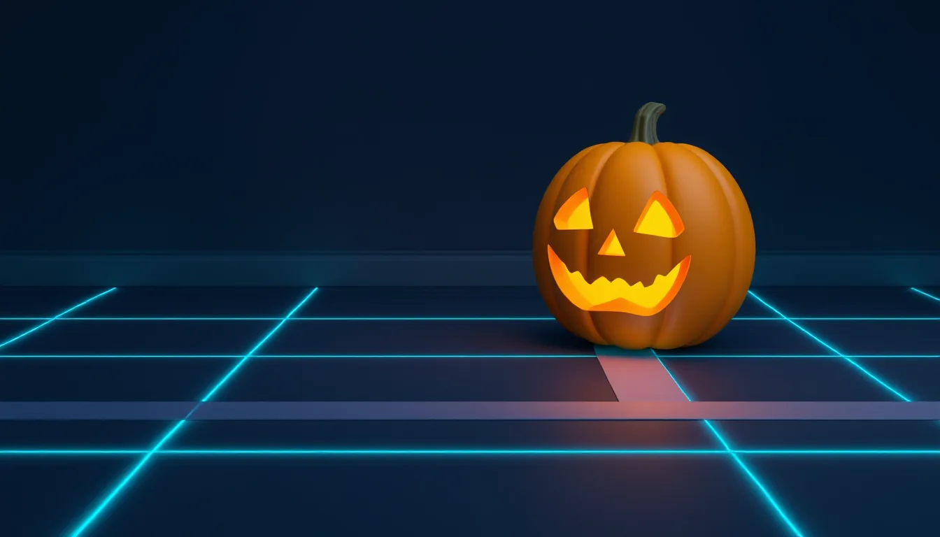 A carved pumpkin sits next to a tape line on a living room floor