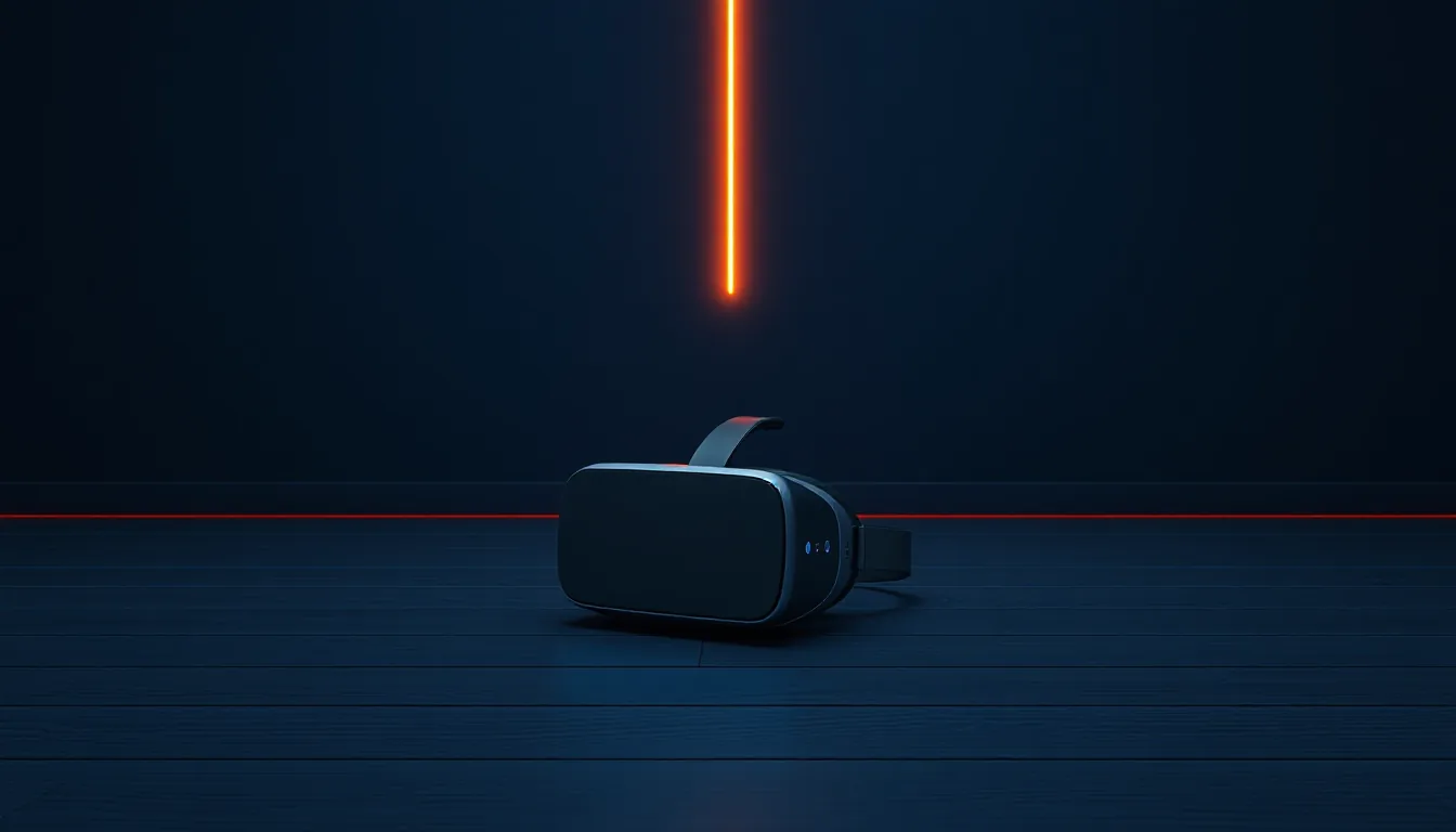A VR headset lies on a dark wooden floor, a narrow strip of light falling from the wall behind it