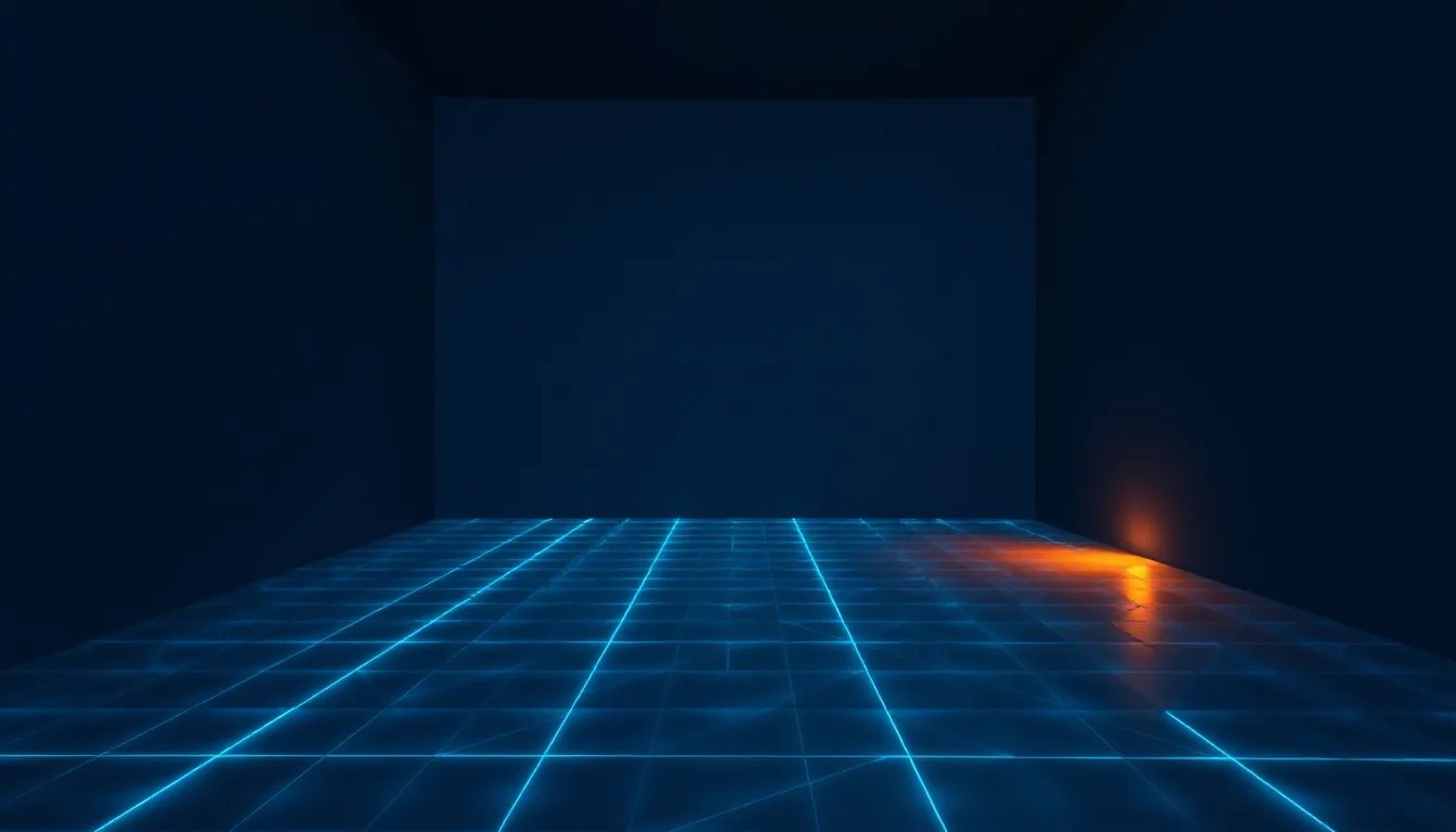 An empty room with a glowing grid overlaid on its walls and floor