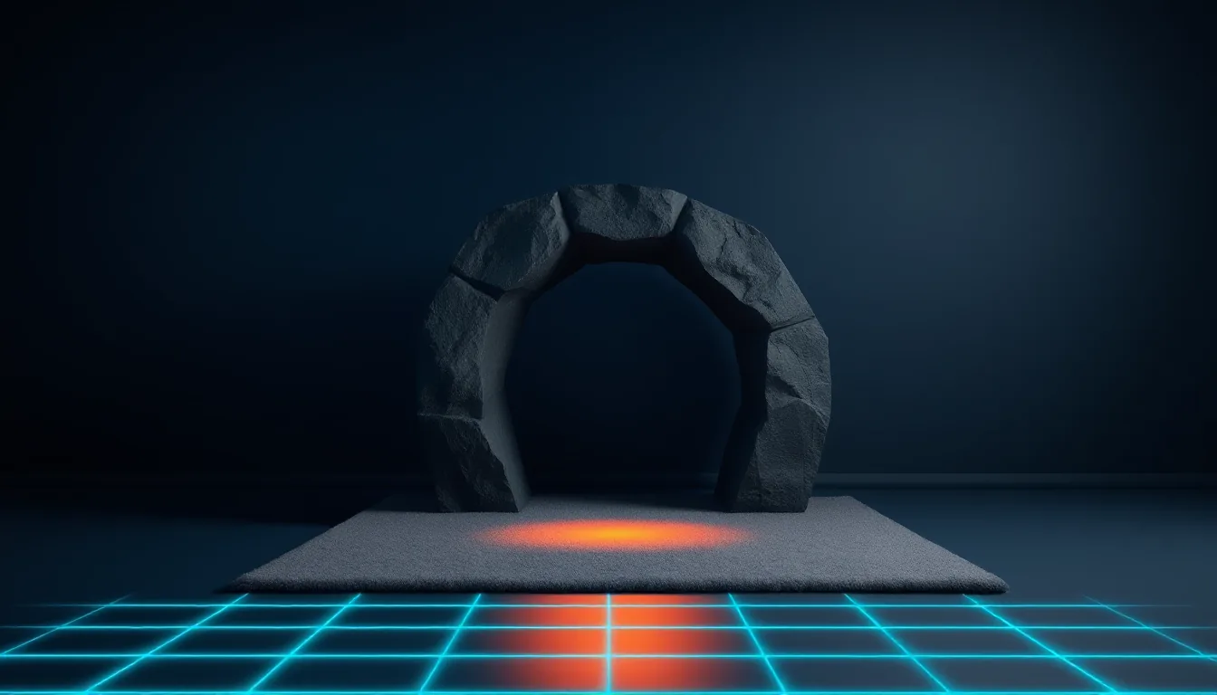 A low, dark rock tunnel stands in an empty room on a soft carpet