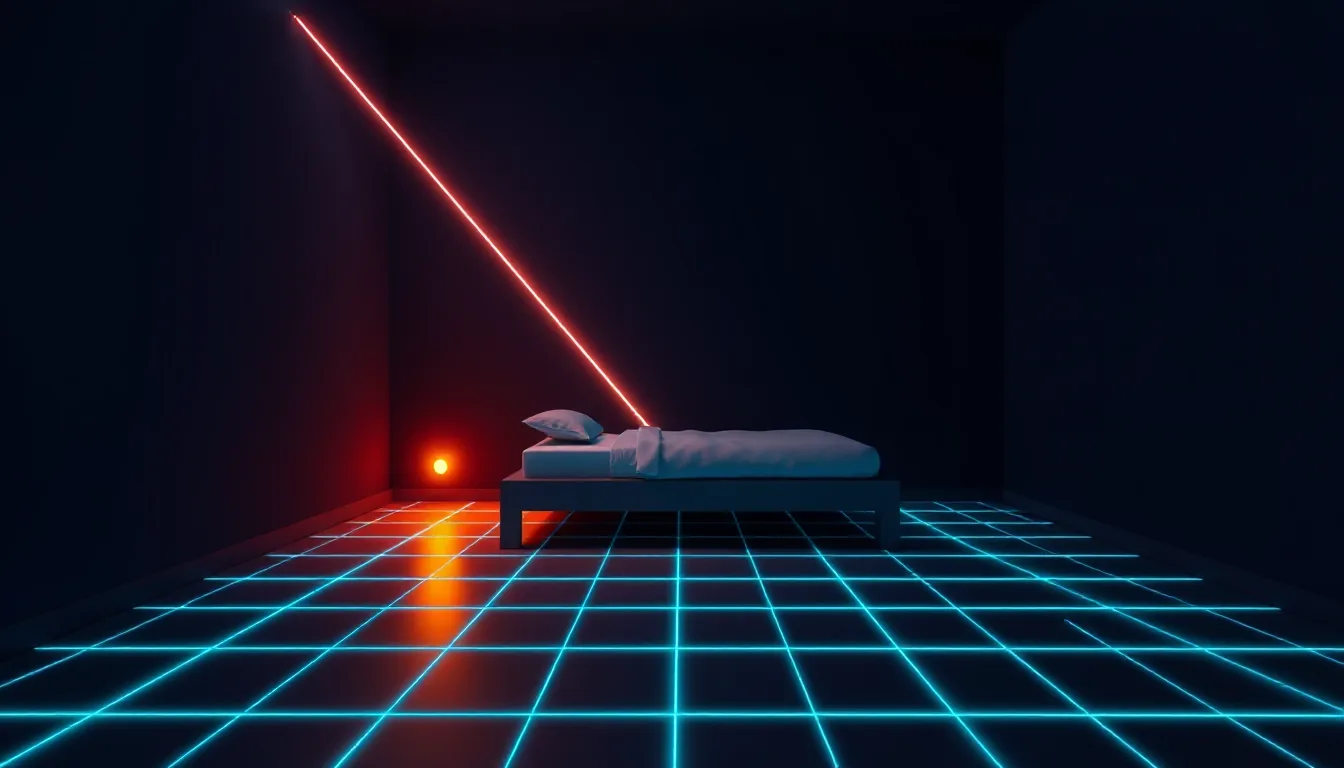 A small low-poly room with a narrow bed against the wall and two laser beams crossed diagonally
