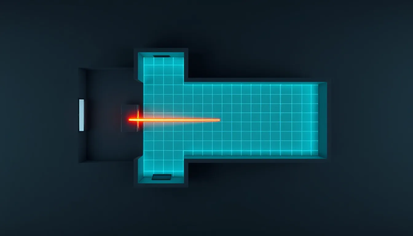 A top-down L-shaped low-poly floor plan with a single glowing laser beam in the corner