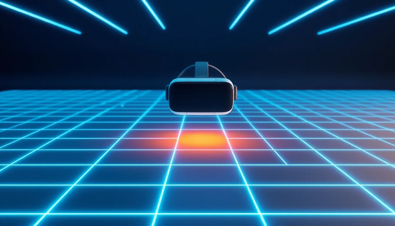A VR headset floats above a glowing grid floor, criss-crossed by several laser beams