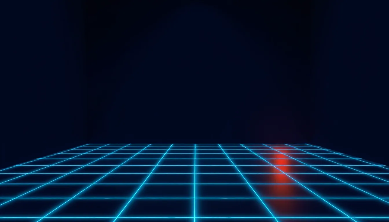 An empty low-poly room whose wall edges are traced by glowing cyan lines