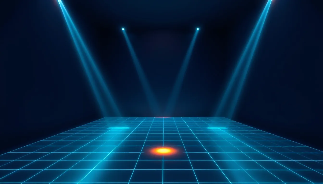 An empty room with several glowing laser beams criss-crossing a grid floor