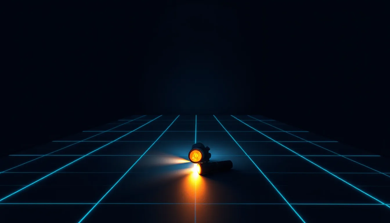 A single torch on a dark grid floor, its orange beam falling into an empty hallway