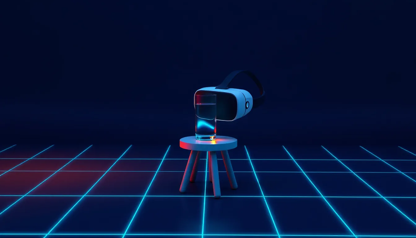 A VR headset resting on a stool next to a glass of water on a glowing grid floor