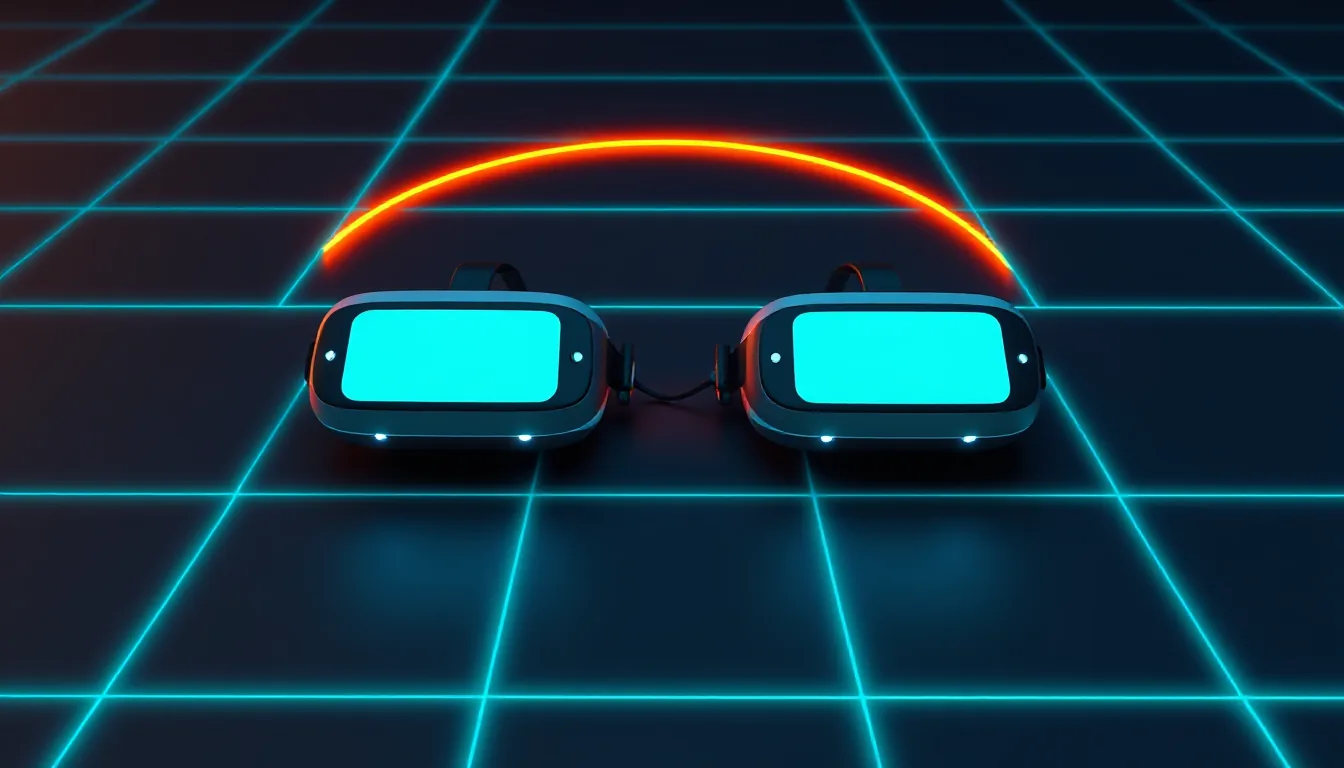Two plain VR controllers lying side by side on a glowing grid floor, linked by an orange arc of light