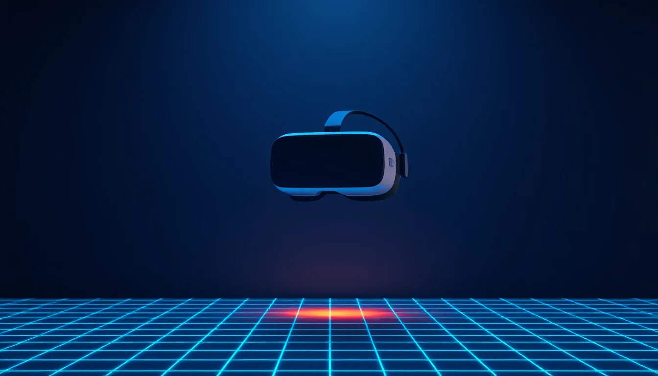 A floating VR headset in front of a half-transparent grid that fades into a plain room