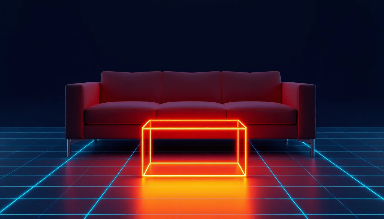 A plain low-poly sofa and a small table, framed by glowing boundary boxes on a grid floor