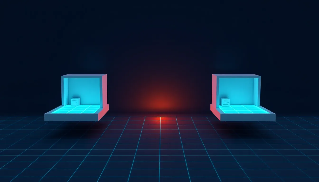 Four small floating room models side by side, each with a glowing floor grid