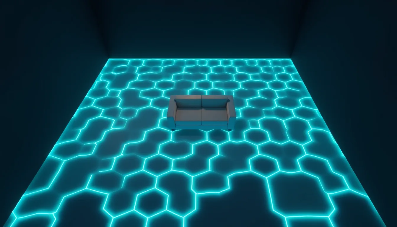 An empty room with a glowing hex grid on the floor, around a single angular sofa