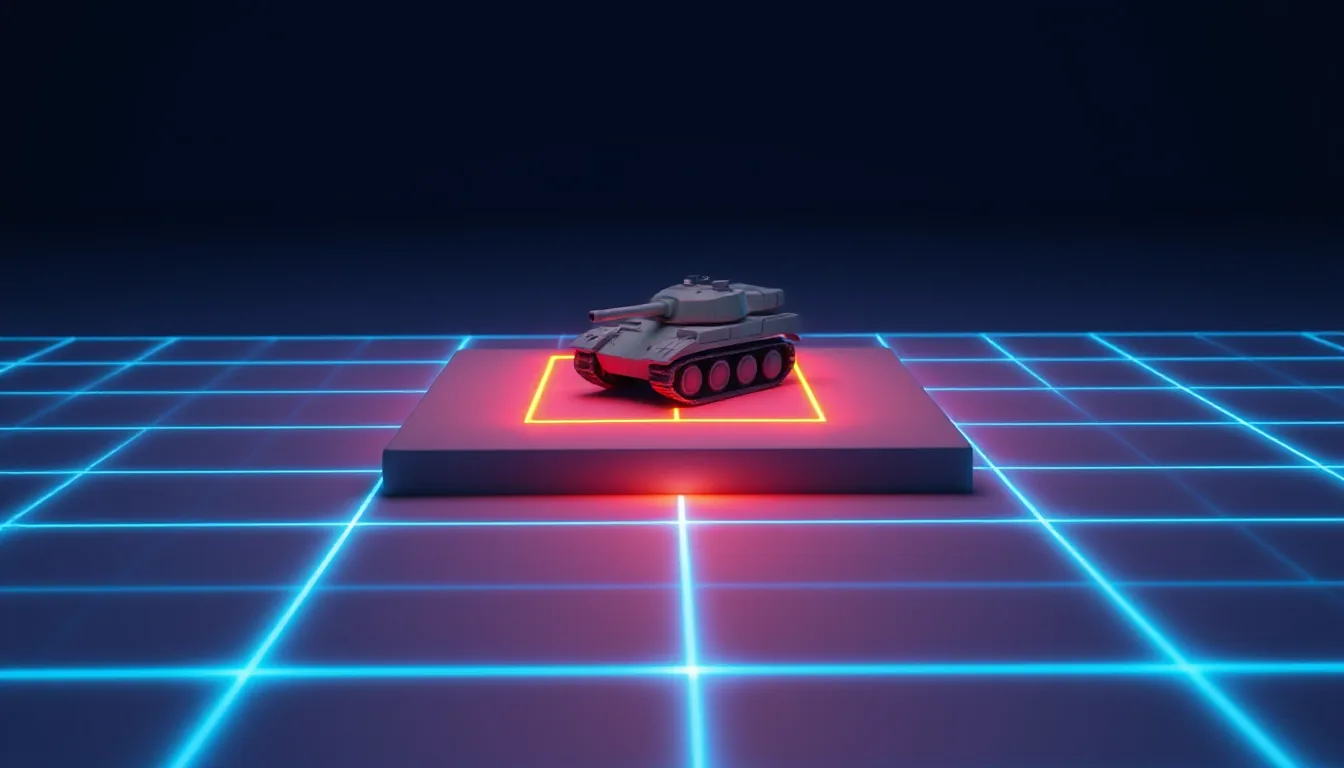 A small rectangle of glowing floor tiles on a dark grid floor with a tiny tank on it