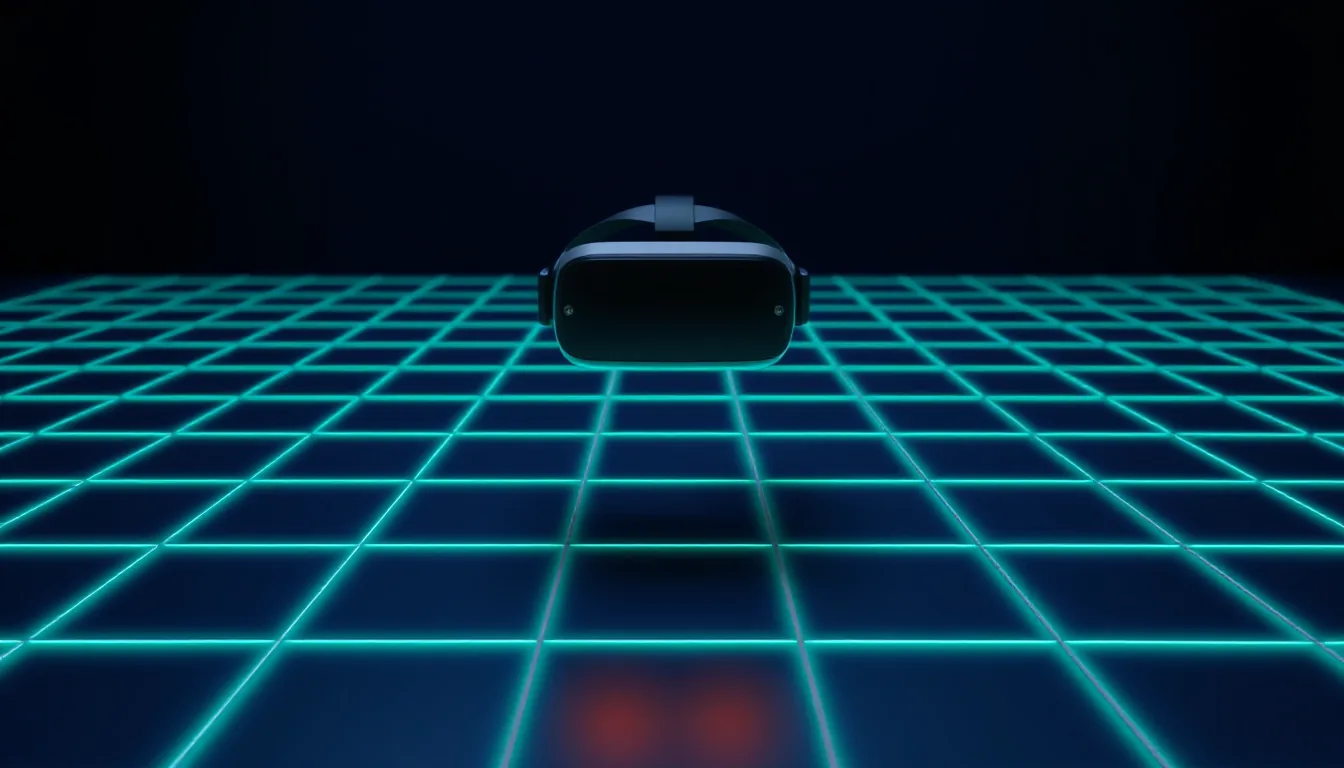 A VR controller hovers over a grid of green and dark floor tiles on a dark grid floor