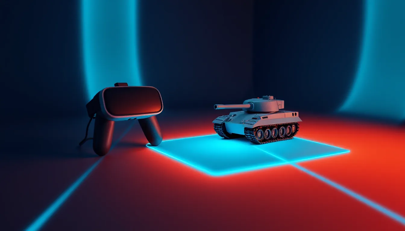 A small low-poly toy tank on a glowing grid floor, with a VR controller beside it