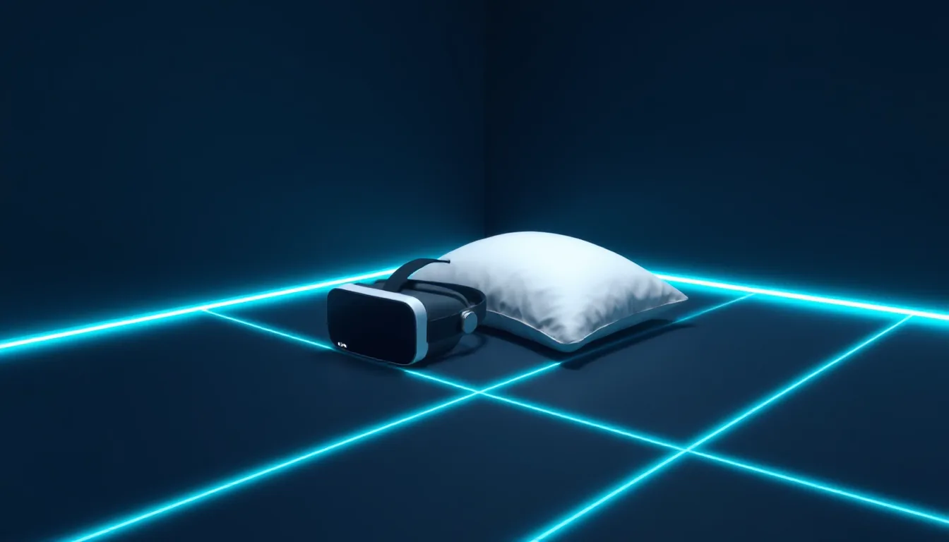 A VR headset lying next to a pillow on a glowing grid floor in a dark room