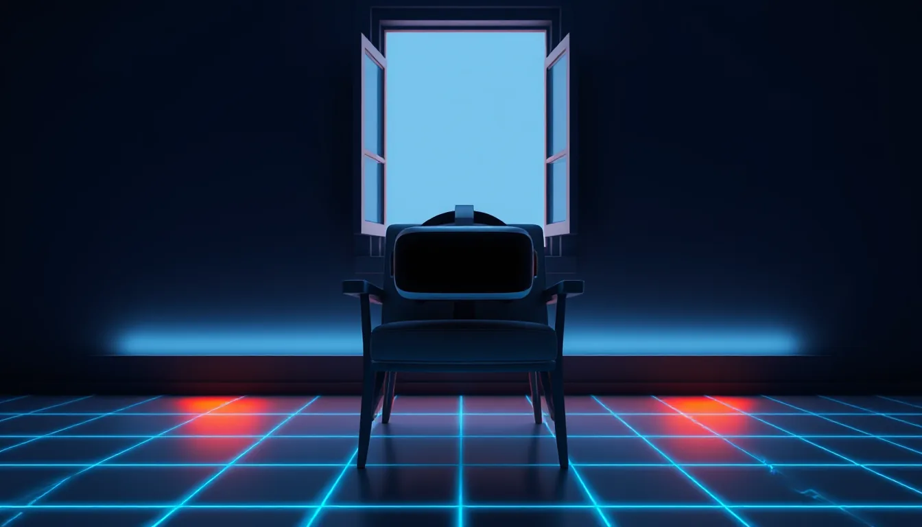 A VR headset set down on a chair in front of an open window with cool light