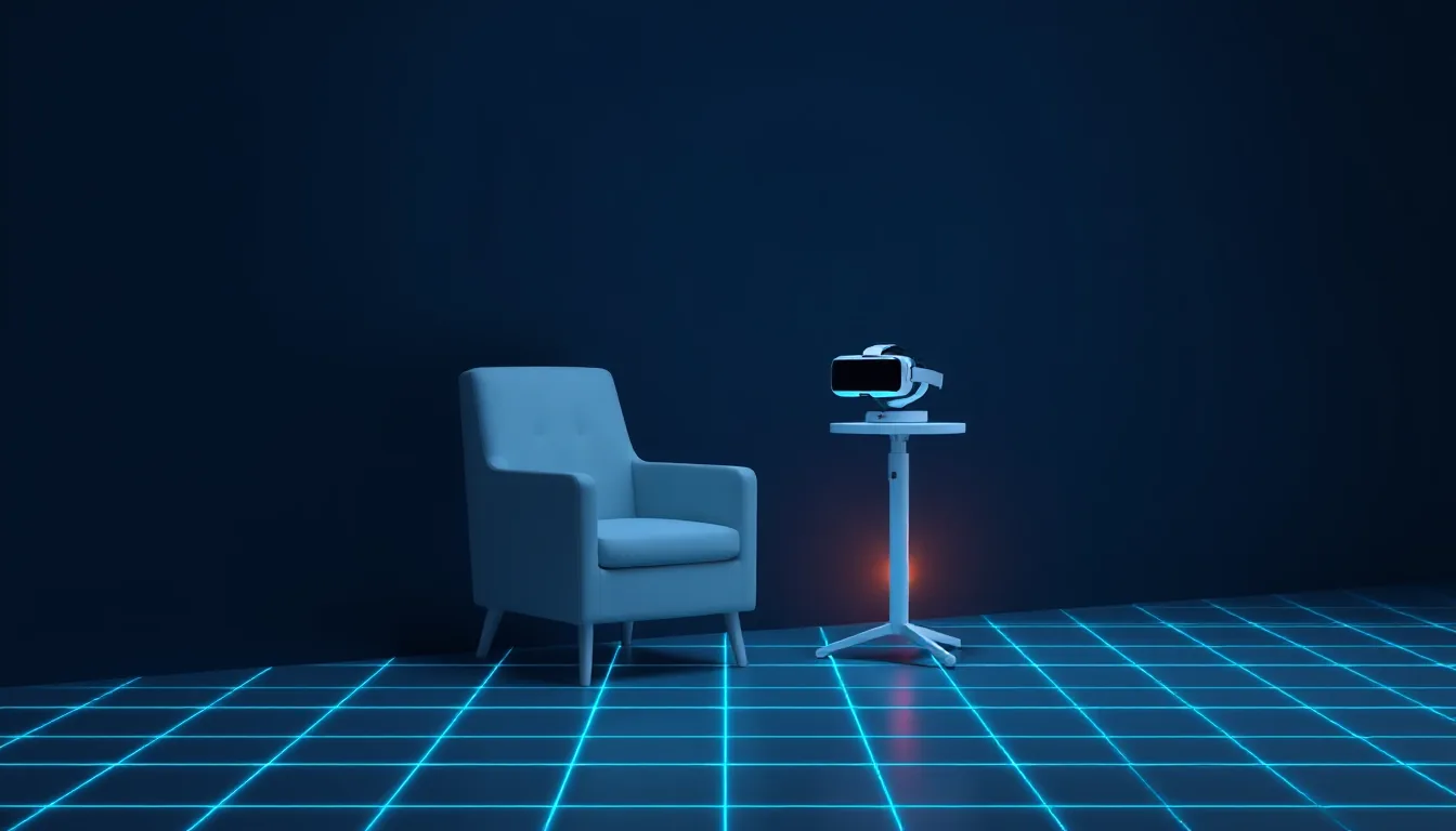 A single chair beside a small charging station with a VR headset at the edge of a glowing grid floor